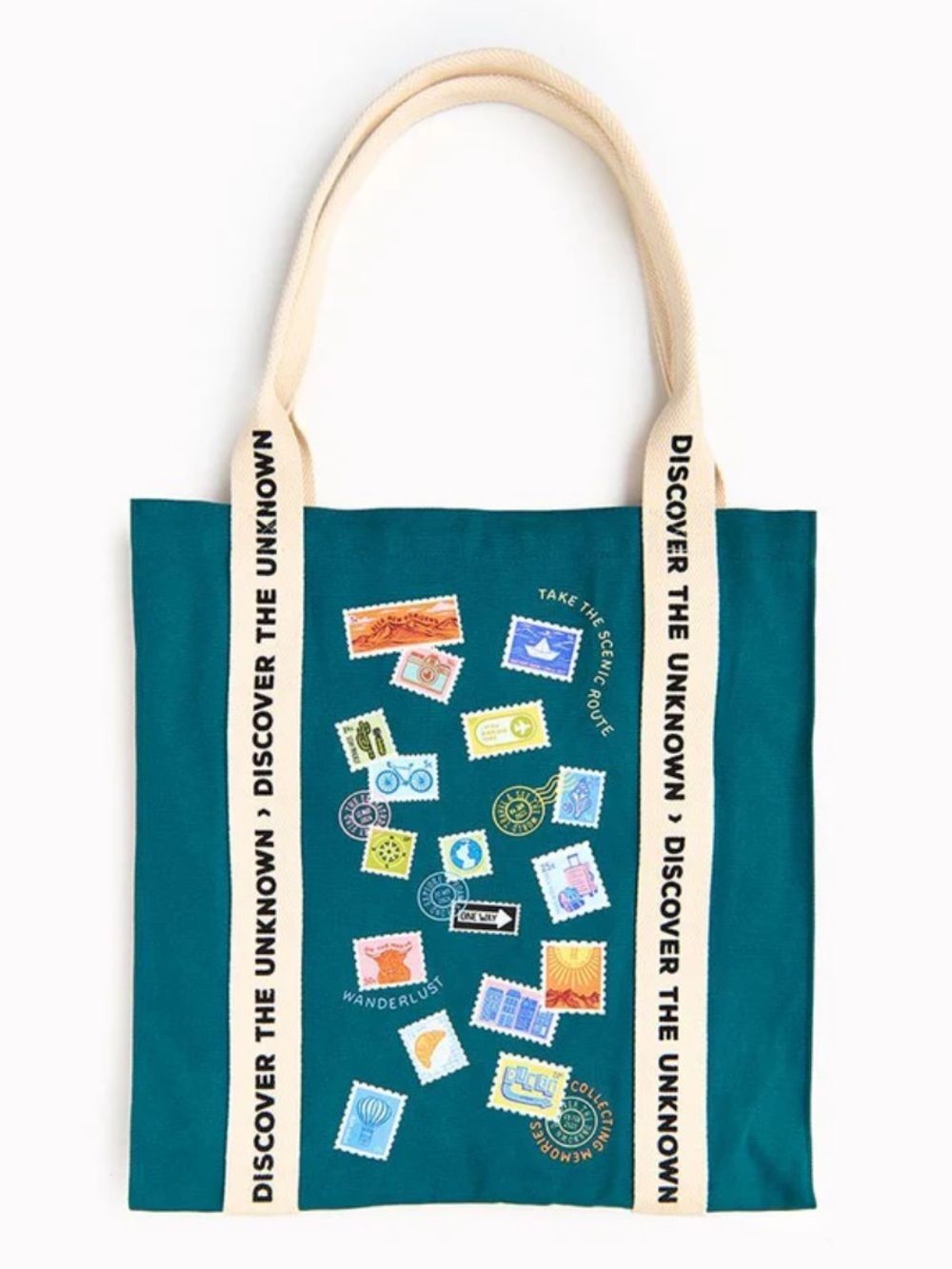 PAPER SOURCE teal ivory multi DISCOVER THE UNKNOWN CANVAS STAMP TOTE